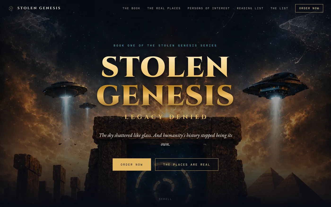 Screenshot of the Stolen Genesis book website: dark cinematic launch site with cover art, character images, and navigation